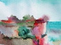 Watercolor colorful bright textured abstract background handmade . Mediterranean landscape . Painting of hill on the sea coast