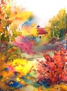 Watercolor colorful bright textured abstract background handmade . Mediterranean landscape . Painting of the park in autumn Royalty Free Stock Photo