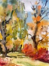 Watercolor colorful bright textured abstract background handmade . Mediterranean landscape . Painting of the park in autumn Royalty Free Stock Photo