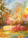 Watercolor colorful bright textured abstract background handmade . Mediterranean landscape . Painting of the park in autumn Royalty Free Stock Photo