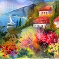 Watercolor colorful bright textured abstract background handmade . Mediterranean landscape . Painting of sea coast