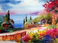 Watercolor colorful bright textured abstract background handmade . Mediterranean landscape . Painting of sea coast