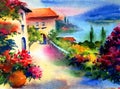 Watercolor colorful bright textured abstract background handmade . Mediterranean landscape . Painting of sea coast Royalty Free Stock Photo