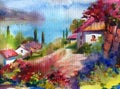 Watercolor colorful bright textured abstract background handmade . Mediterranean landscape . Painting of village of sea coast