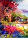 Watercolor colorful bright textured abstract background handmade . Mediterranean landscape . Painting of village of sea coast