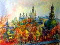 Watercolor colorful bright textured background handmade .Landscape . Painting of historical cathedral and bell town , made i