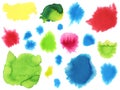 Watercolor colorful brush strokes and smears set. Hand drawn red, yellow, green, blue aquarelle splashes and blots
