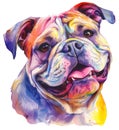 Watercolor colorful bulldog head painting. Cute pet illustration isolated on white background