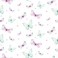 Watercolor colorful butterflies, butterfly, bugs seamless pattern on white background. blue, yellow, pink and red Royalty Free Stock Photo