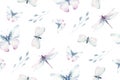 Watercolor colorful butterflies, butterfly, bugs seamless pattern on white background. blue, yellow, pink and red Royalty Free Stock Photo