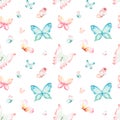 Watercolor colorful butterflies, isolated on white background. blue, yellow, pink and red butterfly spring Royalty Free Stock Photo