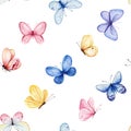 Watercolor colorful butterflies. Seamless pattern Spring illustration of blue, yellow, pink butterfly. Design background Royalty Free Stock Photo