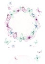 Watercolor colorful butterflies wreath, isolated butterfly on white background. blue, yellow, pink and red butterfly Royalty Free Stock Photo