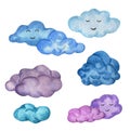 Watercolor colorful cartoon cute children clouds set Royalty Free Stock Photo