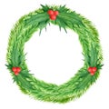 Watercolor colorful Christmas wreath with spruce branches, holly leaves and berries. Hand drawn door decoration isolated on white Royalty Free Stock Photo