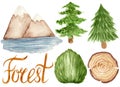 Watercolor colorful collection of nature elements, mountains by the lake, fir trees, bush, word forest, tree trunk cut.