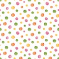 Watercolor colorful dots seamless pattern. Red, green, yellow, pink polka dot repeated tile isolated on white background Royalty Free Stock Photo