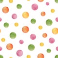 Watercolor colorful dots seamless pattern. Red, green, yellow, pink polka dot repeated tile isolated on white background Royalty Free Stock Photo