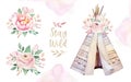 Watercolor colorful ethnic set of teepee and flowers bouquets in native American style.Tribal Navajo isolated wigwam Royalty Free Stock Photo