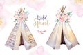 Watercolor colorful ethnic set of teepee and flowers bouquets in native American style.Tribal Navajo isolated wigwam Royalty Free Stock Photo