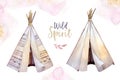 Watercolor colorful ethnic set of teepee and flowers bouquets in native American style.Tribal Navajo isolated wigwam Royalty Free Stock Photo