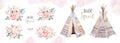 Watercolor colorful ethnic set of teepee and flowers bouquets in native American style.Tribal Navajo isolated wigwam Royalty Free Stock Photo