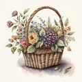 Watercolor colorful flowers in the basket. Floral composition on white background. Cute wildflowers. Generative Ai Royalty Free Stock Photo