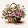 Watercolor colorful flowers in the basket. Floral composition on white background. Cute wildflowers. Generative Ai Royalty Free Stock Photo