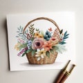 Watercolor colorful flowers in the basket. Floral composition on white background. Cute wildflowers. Generative Ai Royalty Free Stock Photo