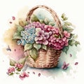 Watercolor colorful flowers in the basket. Floral composition on white background. Cute wildflowers. Generative Ai Royalty Free Stock Photo