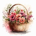 Watercolor colorful flowers in the basket. Floral composition on white background. Cute wildflowers. Generative Ai Royalty Free Stock Photo