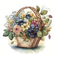 Watercolor colorful flowers in the basket. Floral composition on white background. Cute wildflowers. Generative Ai Royalty Free Stock Photo