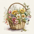 Watercolor colorful flowers in the basket. Floral composition on white background. Cute wildflowers. Generative Ai Royalty Free Stock Photo