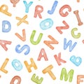 Watercolor colorful hand drawn watercolor childish seamless pattern with alphabet. Royalty Free Stock Photo