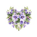 Watercolor colorful heart with pansy flowers.