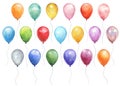 Watercolor colorful holiday realistic balloons set closeup isolated on white background. Hand painting on paper