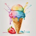 Watercolor colorful ice cream in a waffle cone on a background of paint splashes and strawberries. Royalty Free Stock Photo