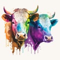 Watercolor colorful illustration of a cows sketch. Watercolor farm animals Royalty Free Stock Photo