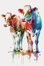 Watercolor colorful illustration of a cows sketch. Watercolor farm animals Royalty Free Stock Photo