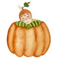 Watercolor illustration with sleeping baby in a pumpkin, isolated on a white background. For various autumn products.