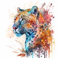 Watercolor colorful leopard face painting. Realistic wild animal illustration. Created with Generative AI technology Royalty Free Stock Photo