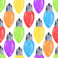 Watercolor colorful christmas light bulbs seamless pattern on white background Royalty Free Stock Photo