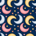 Watercolor colorful moon and stars seamless pattern, childish background for textile, nursery. Pink, blue, yellow on blue Royalty Free Stock Photo