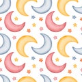 Watercolor colorful moon and stars seamless pattern, childish background for textile, nursery. Pink, blue, yellow on white Royalty Free Stock Photo