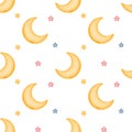 Watercolor colorful moon and stars seamless pattern, childish background for textile, nursery. Pink, blue, yellow on white Royalty Free Stock Photo