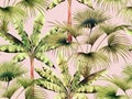 Watercolor colorful palm,banana leaves seamless pattern background.Watercolor painting illustration tropical exotic leaf prints fo Royalty Free Stock Photo