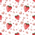 Watercolor colorful pattern, strawberries, marshmallow and dots on a white background. Seamless food pattern