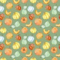 Watercolor colorful pumpkins pattern. Autumn seasonal colors - orange, yellow, red and green. Thanksgiving background Royalty Free Stock Photo