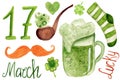 Watercolor st. Patrick day collection. Clover, lettering, beer, sock, pipe, mustashe are isolated on white background.