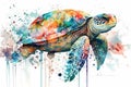 Watercolor colorful sea turtle. Ocean in circle illustration on white background.